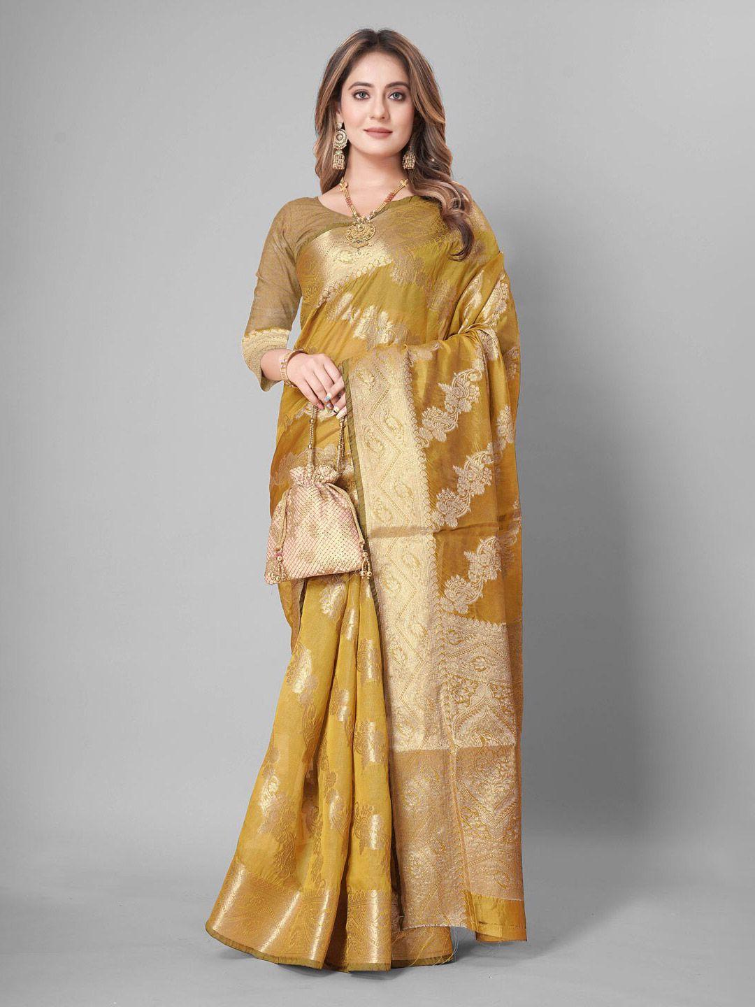 shijila olive green & gold-toned woven design zari organza kanjeevaram saree