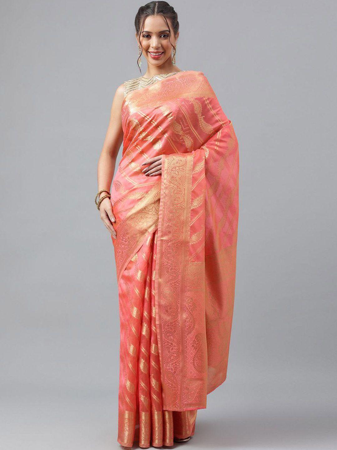 shijila peach-coloured & gold-toned woven design zari organza kanjeevaram saree