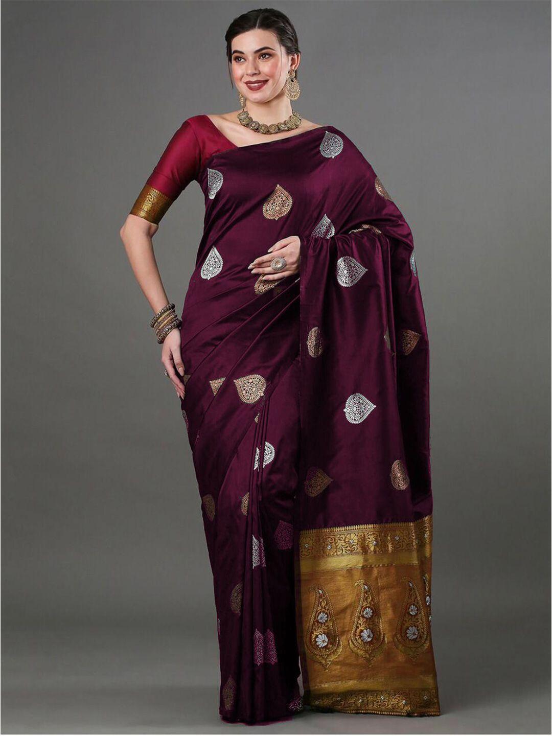 shijila purple & gold-toned woven design zari silk blend kanjeevaram saree