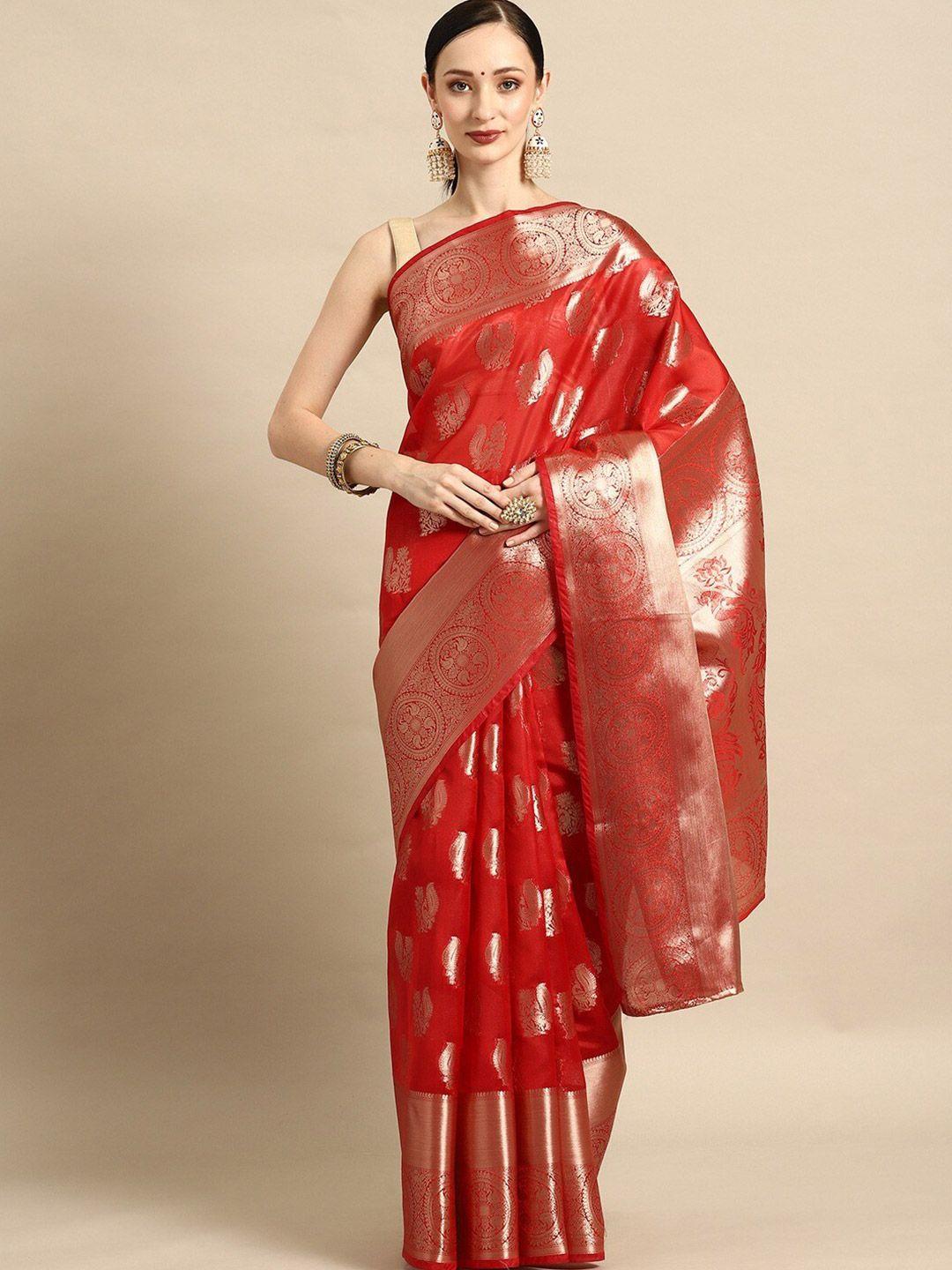 shijila red & gold-toned woven design zari organza kanjeevaram saree