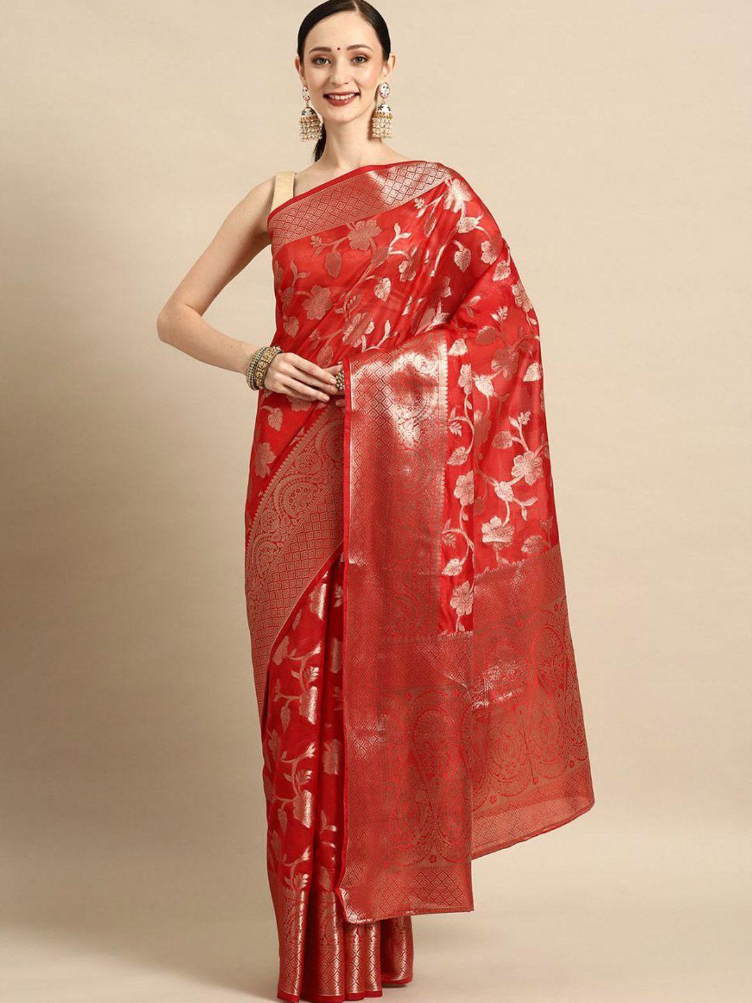 shijila red & gold-toned woven design zari organza kanjeevaram saree