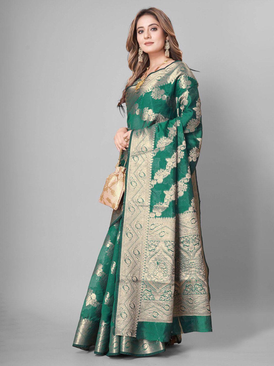 shijila sea green & gold-toned woven design zari organza kanjeevaram saree