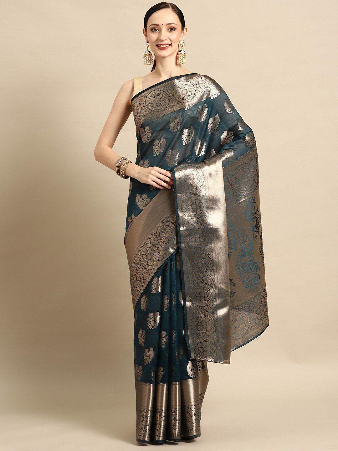 shijila teal & gold-toned woven design zari organza kanjeevaram saree