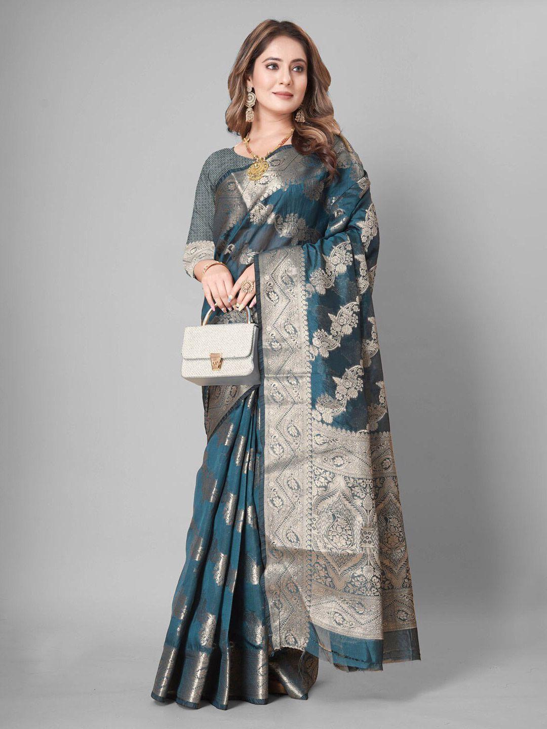 shijila teal & gold-toned woven design zari organza kanjeevaram saree