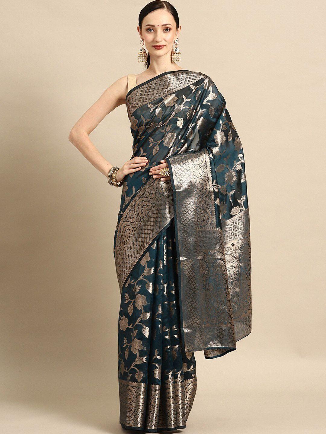 shijila teal & gold-toned woven design zari organza kanjeevaram saree