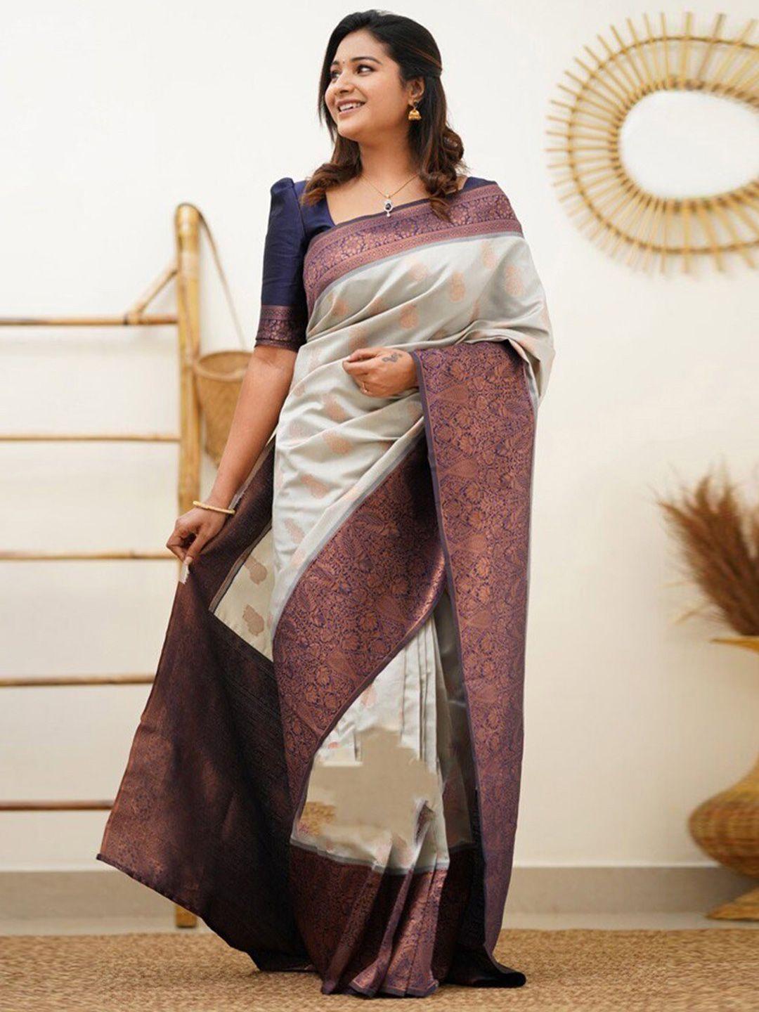 shijila woven design blue zari silk blend kanjeevaram saree