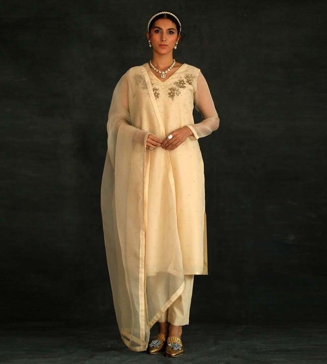 shikha mehta beige jasmine silk organza kurta set