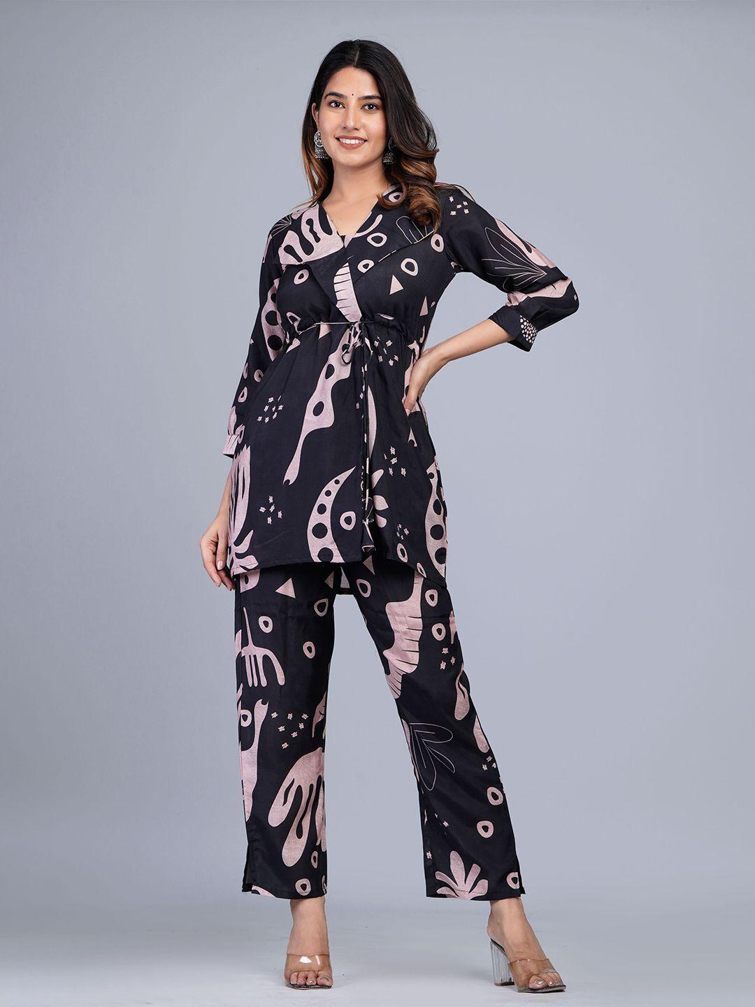 shikhaa style abstract printed v-neck tie-ups pure cotton coat with trousers