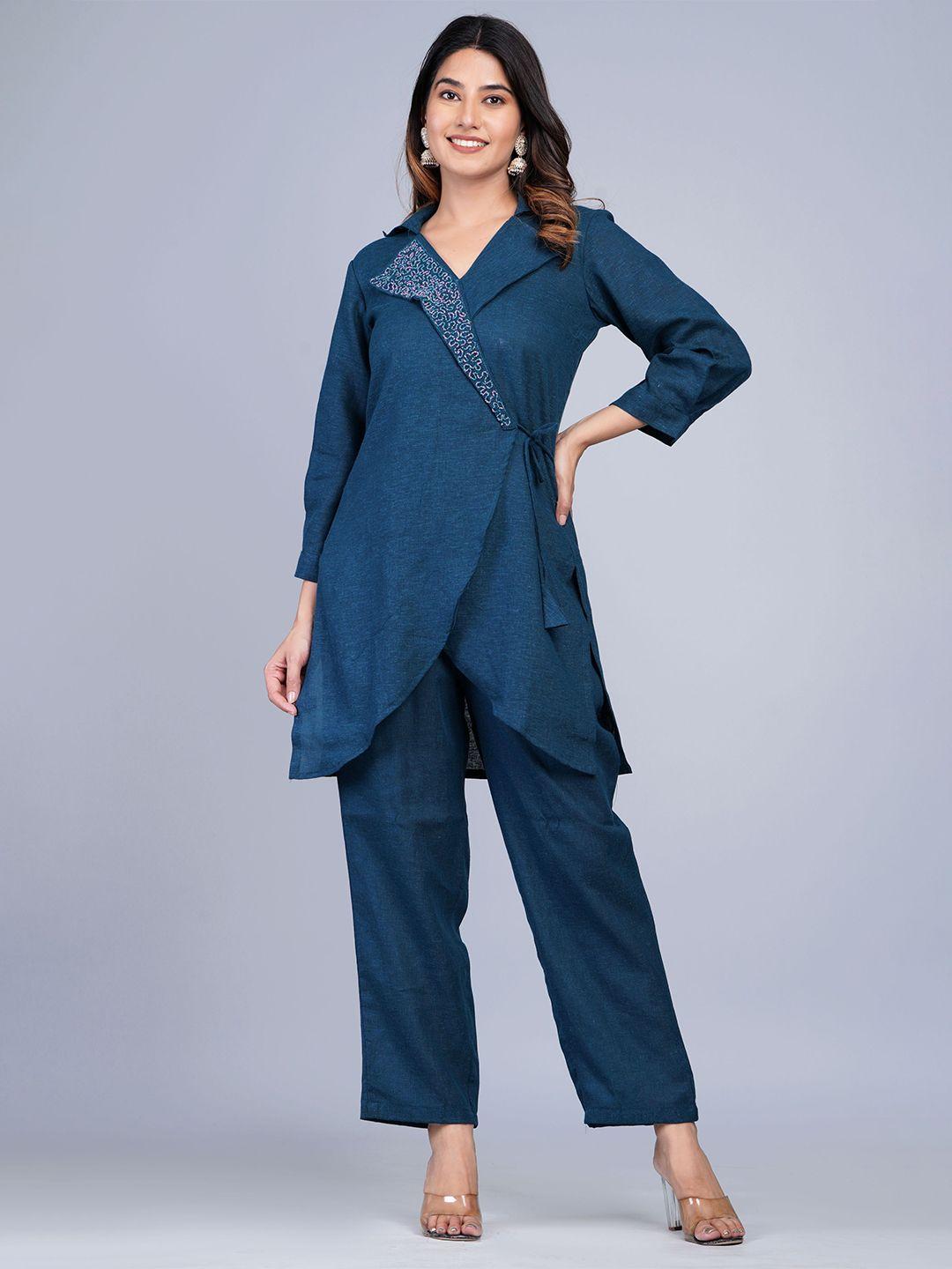 shikhaa style embellished shirt collar waist tie-ups linen shirt with trousers