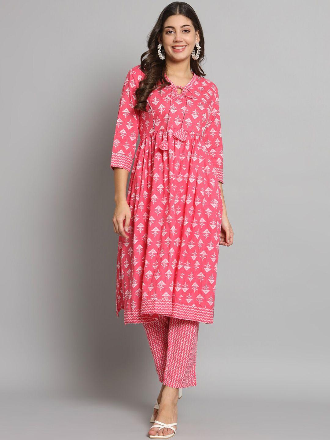 shikhaa style ethnic motifs printed empire gotta patti pure cotton kurta with trousers