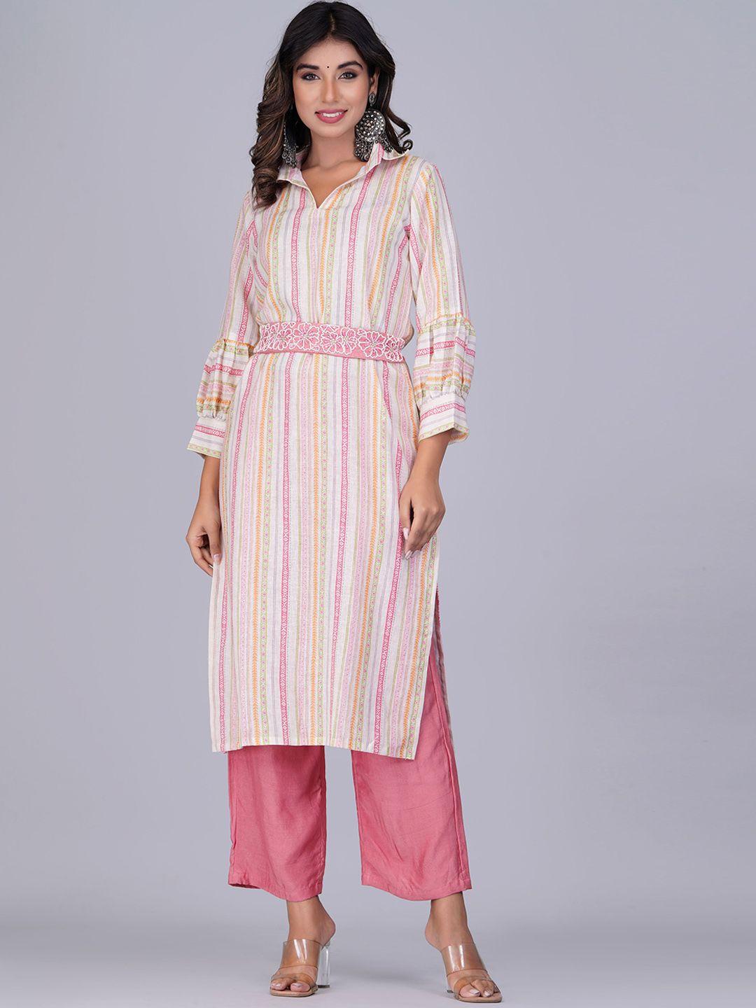 shikhaa style striped puffed sleeves straight kurta with trousers