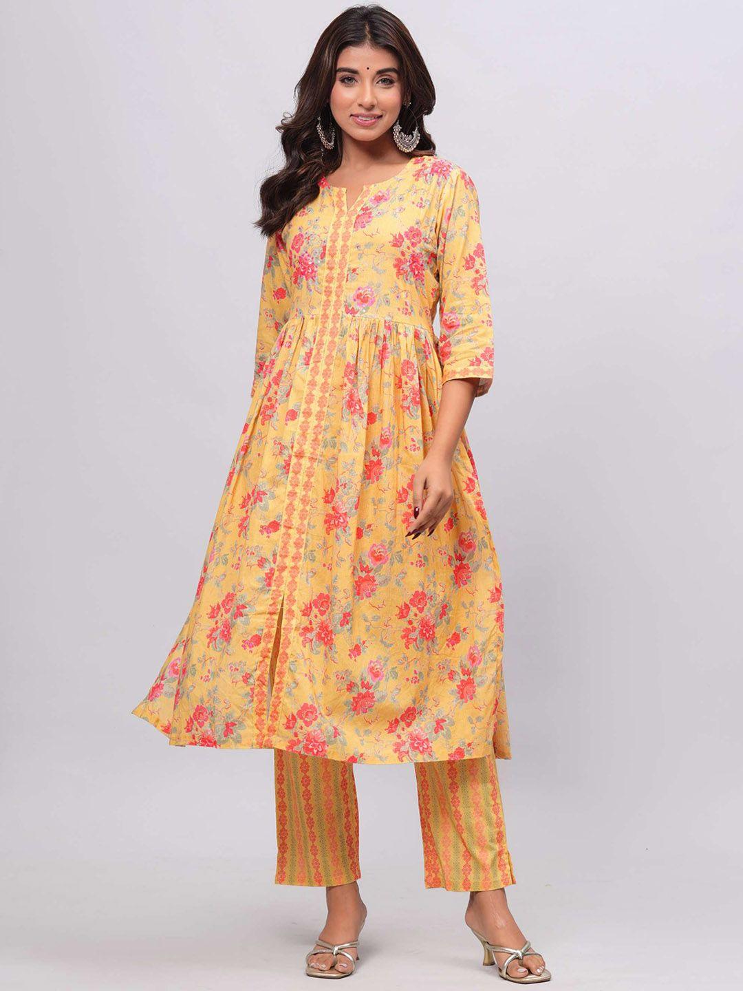 shikhaa style women yellow floral printed regular gotta patti pure cotton kurta with trousers
