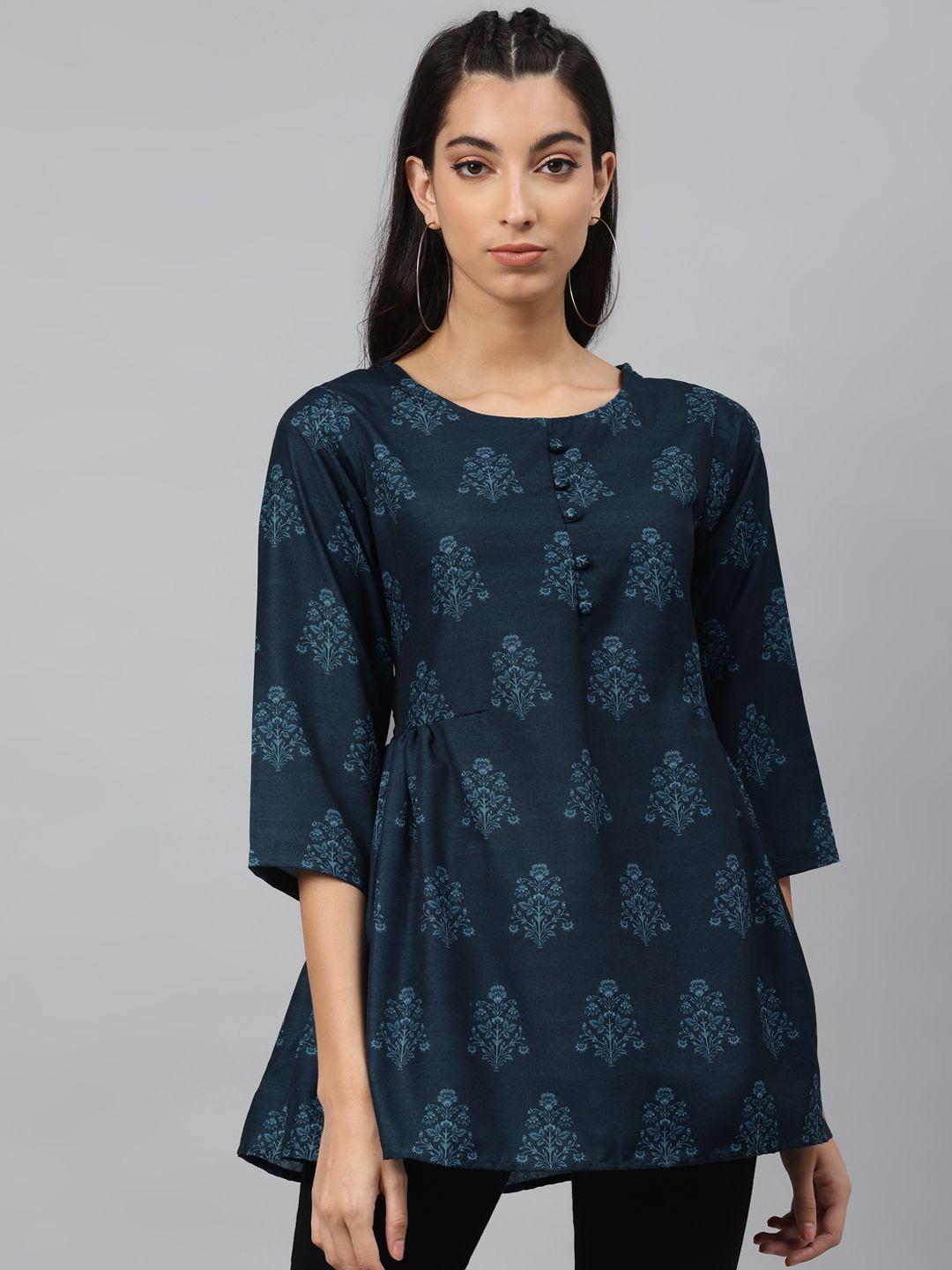 shiloh women teal blue ethnic motifs block print pleated tunic