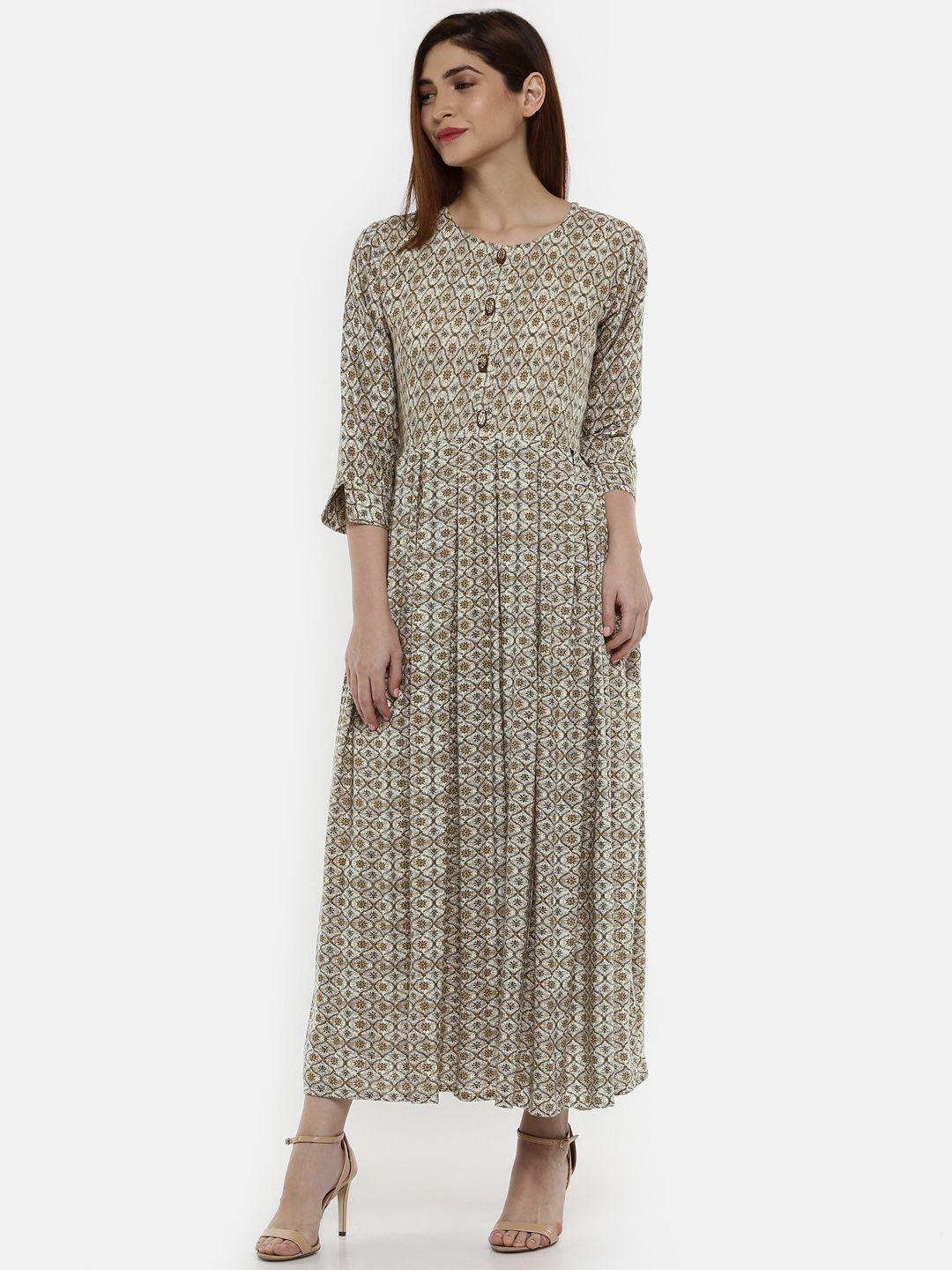 shiloh women beige & off-white printed a-line kurta