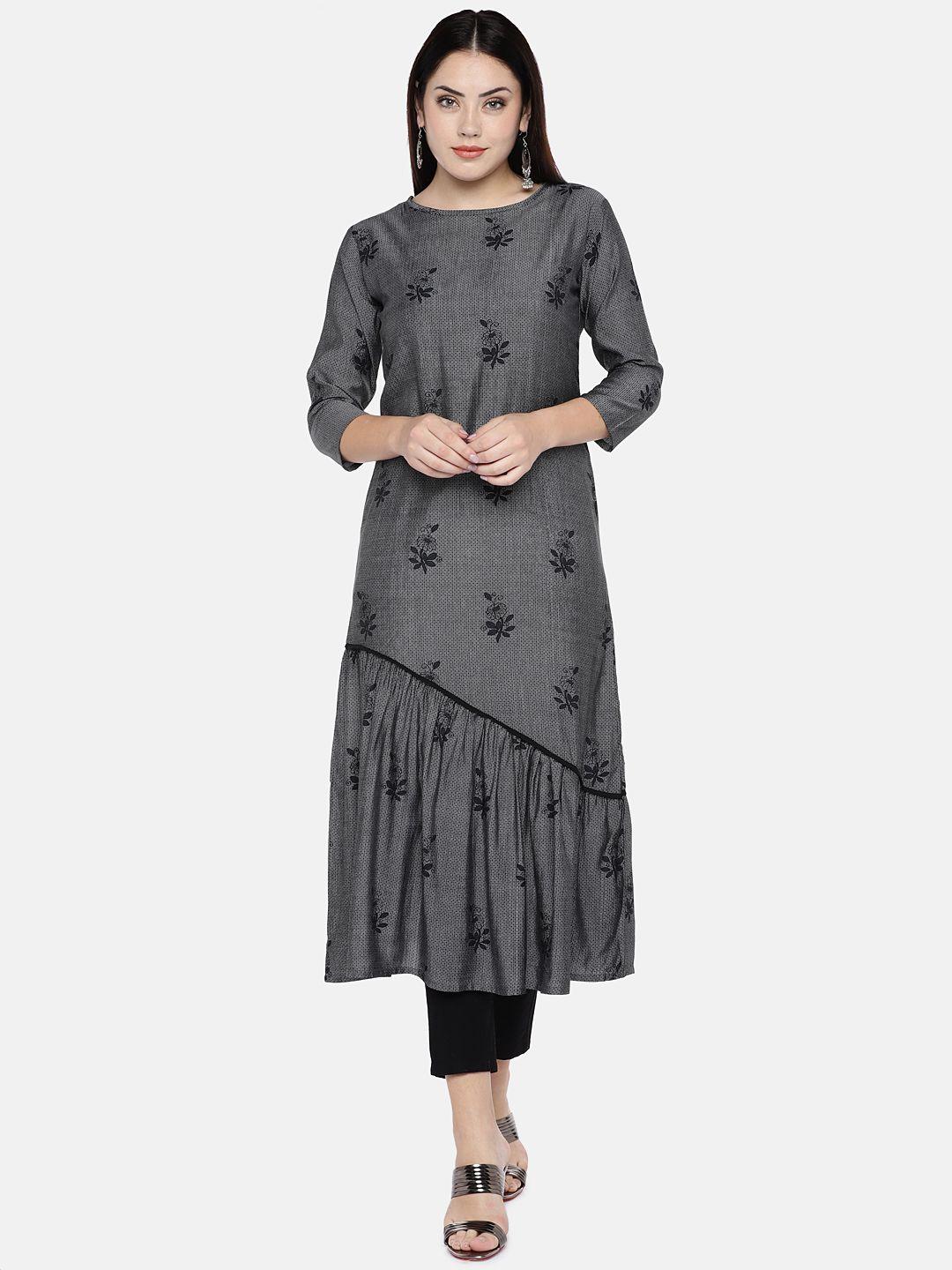 shiloh women black & grey embroidered a-line kurta