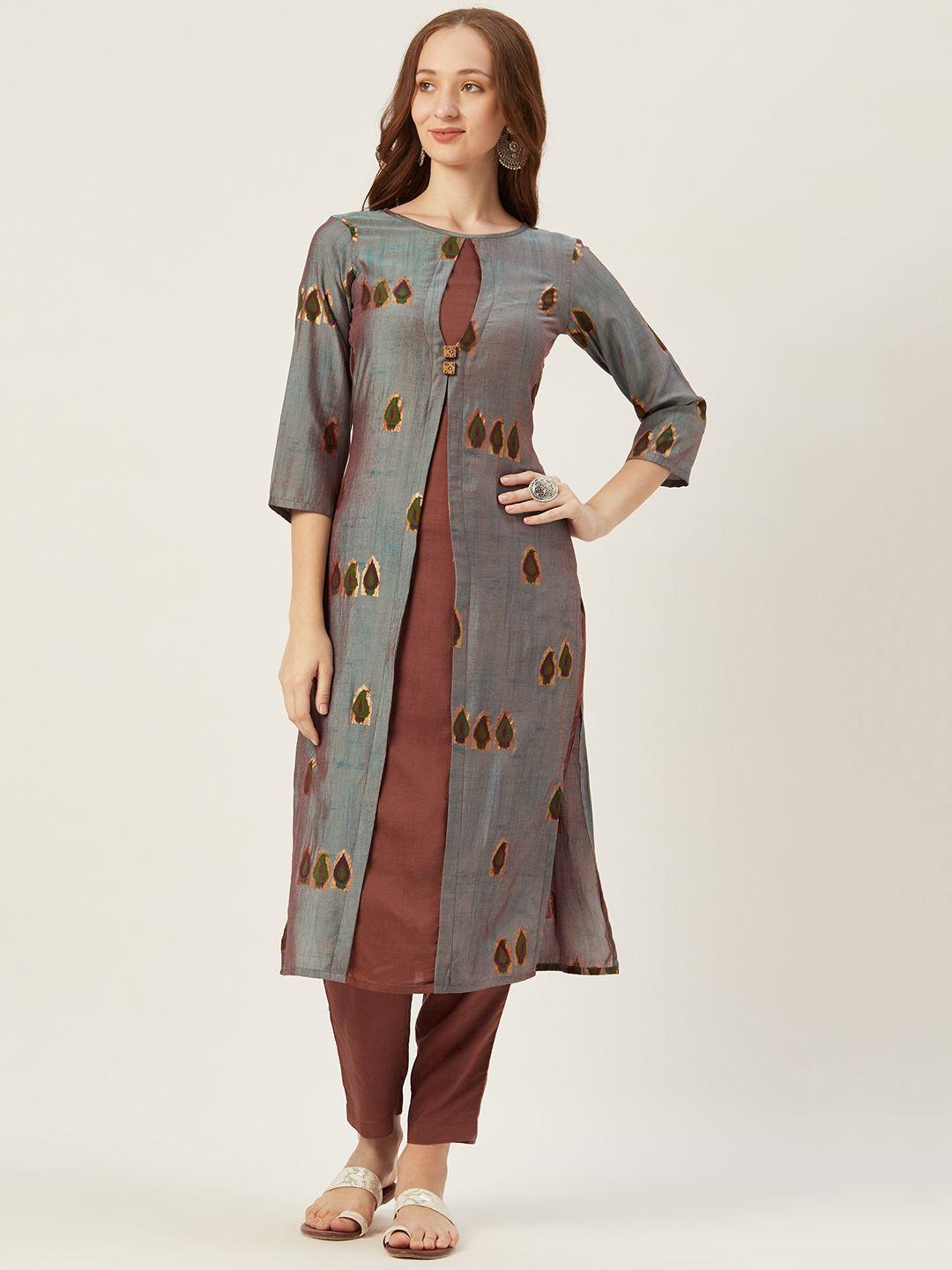 shiloh women blue & brown printed kurta with trousers