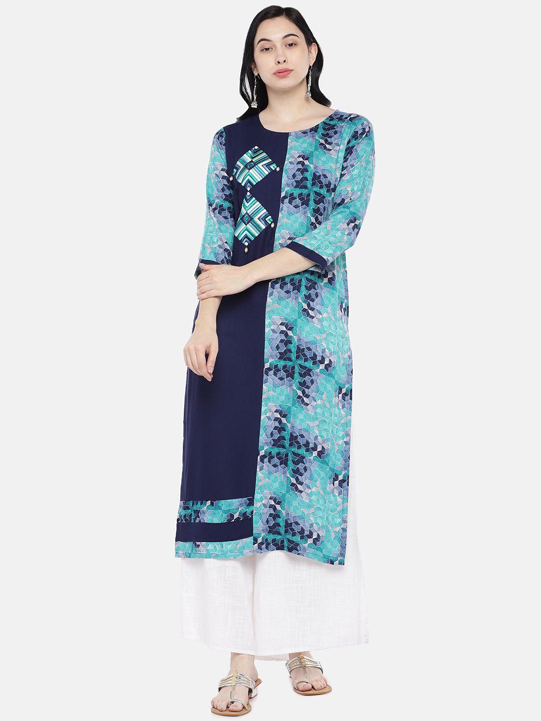 shiloh women blue printed straight kurta