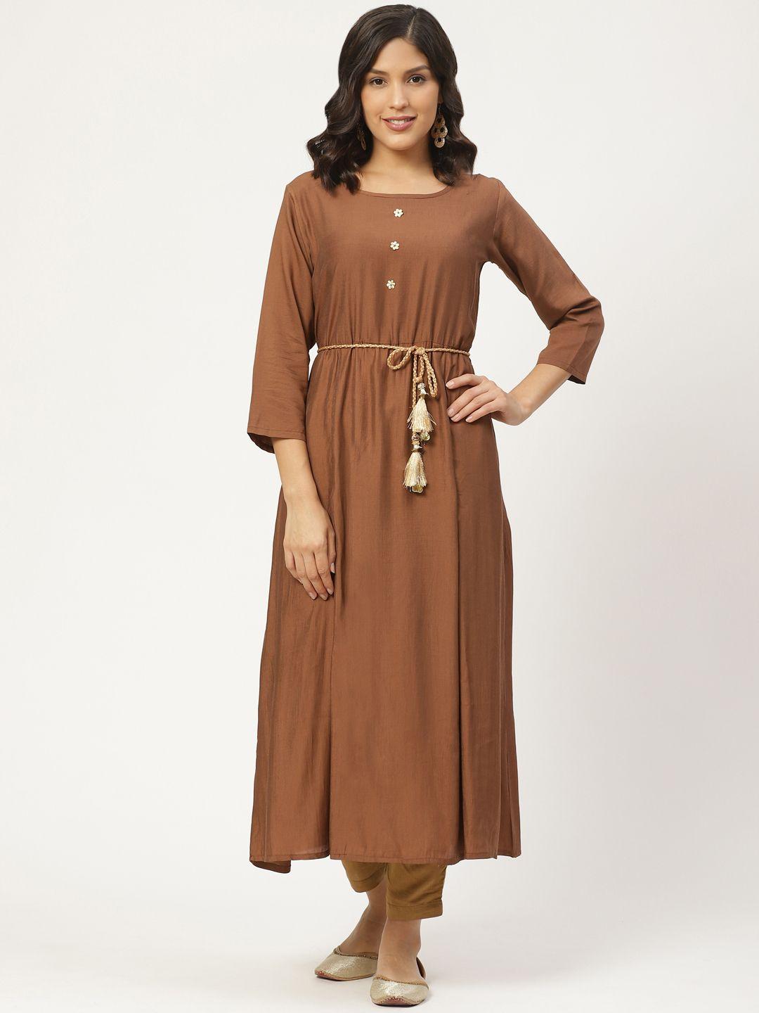 shiloh women brown & golden solid kurta with trousers