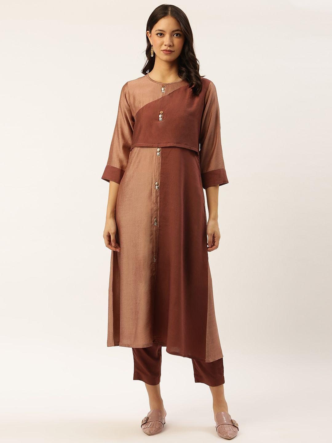 shiloh women brown & mauve colourblocked kurta with trousers
