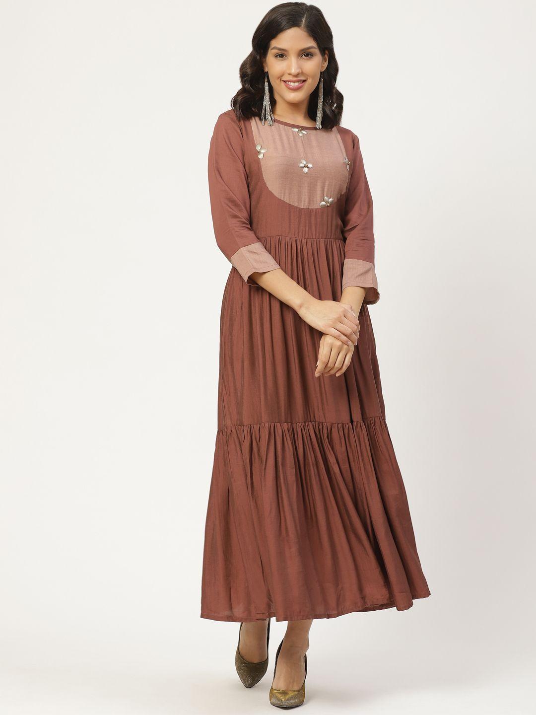 shiloh women brown tiered solid maxi dress