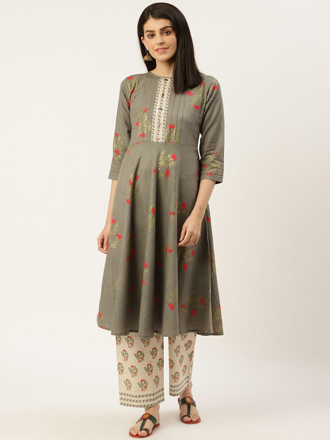 shiloh women grey & off-white floral printed kurta with palazzos