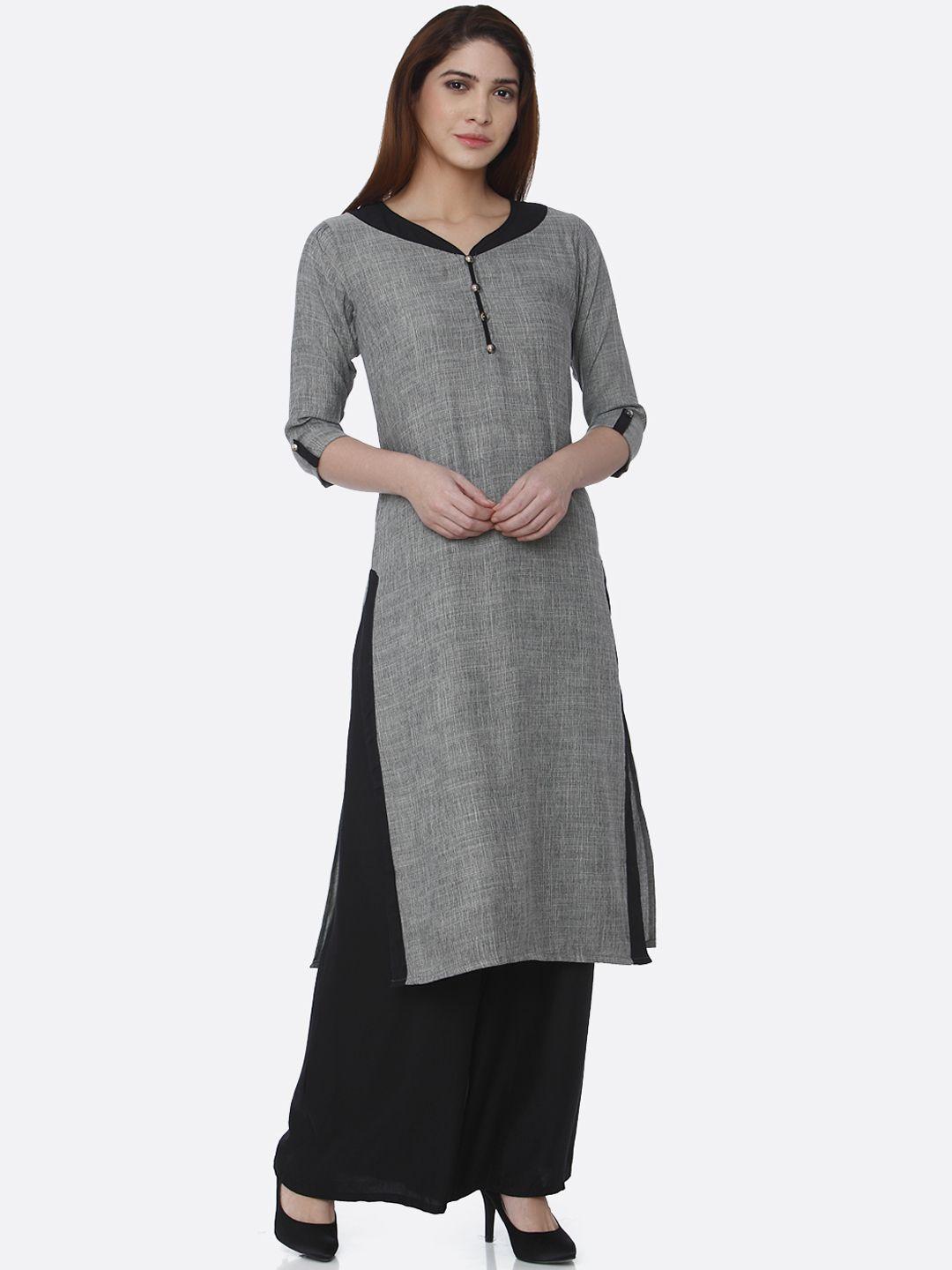 shiloh women grey solid roll-up sleeves kurta