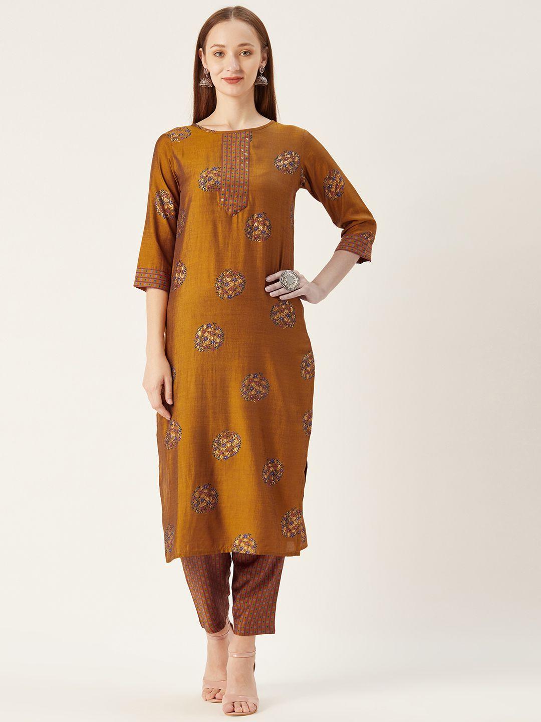 shiloh women mustard brown printed kurta with trousers