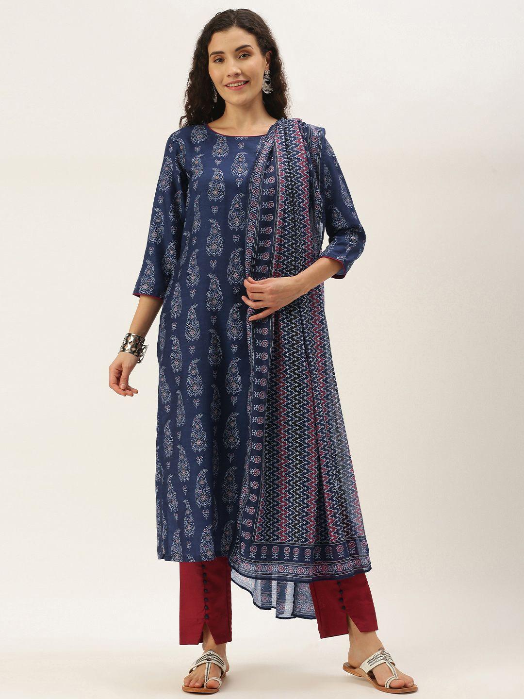 shiloh women navy blue & maroon ethnic motifs print kurta with trousers & dupatta