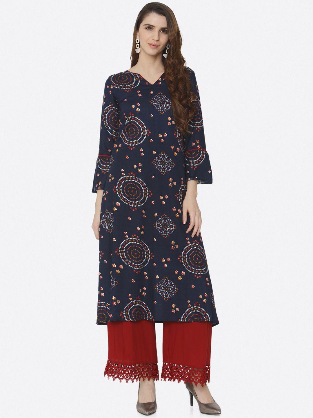 shiloh women navy blue & red printed kurta with palazzo