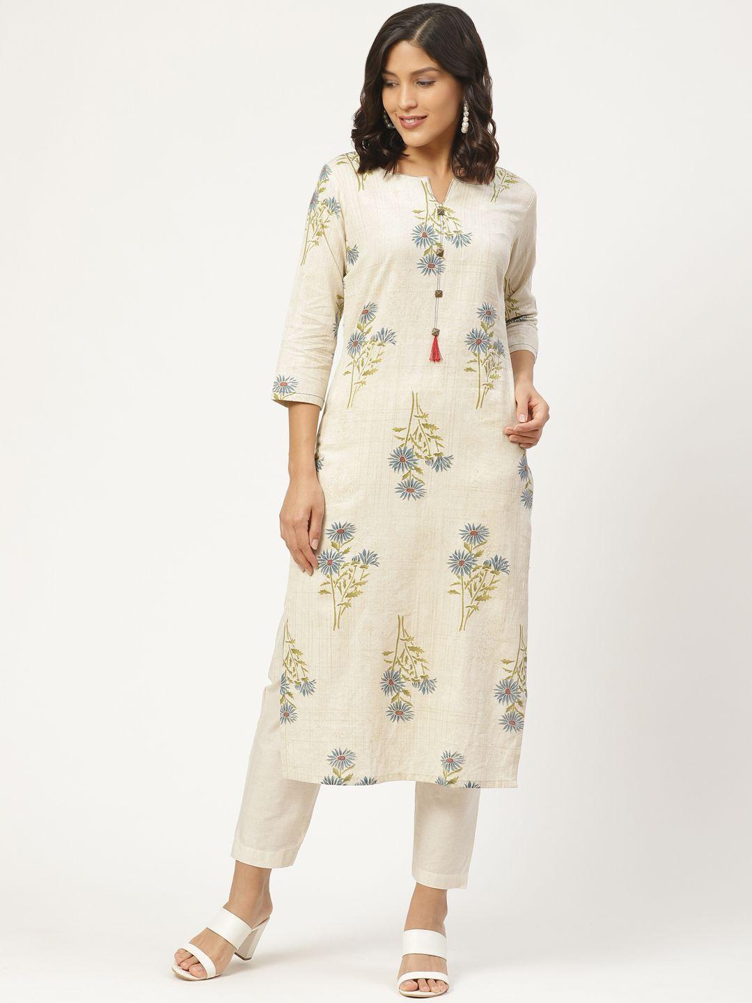 shiloh women off-white & blue printed kurta with trousers