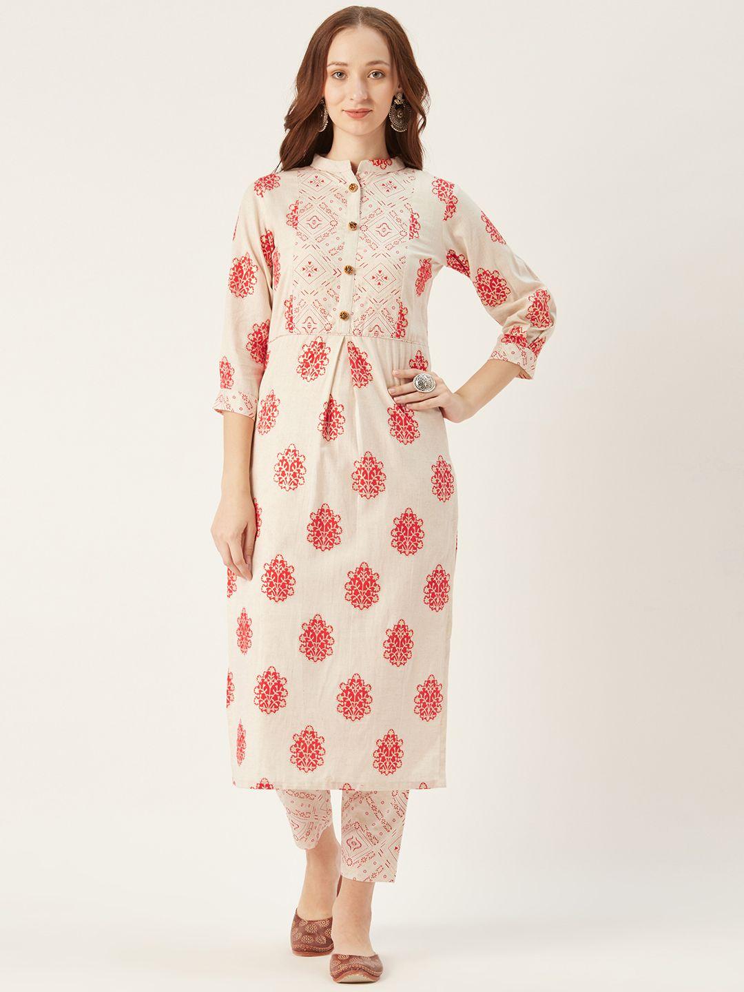 shiloh women off-white & red printed kurta with trousers