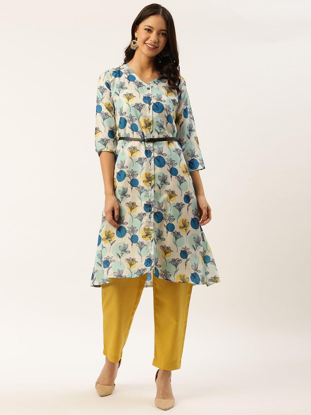 shiloh women off-white & yellow floral print kurta with trousers