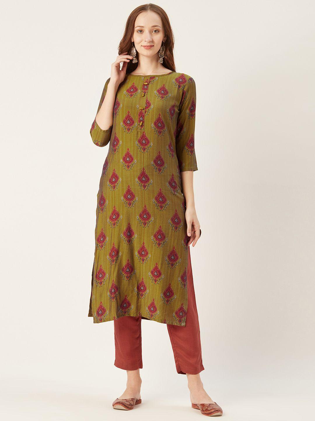 shiloh women olive green & maroon printed kurta with trousers