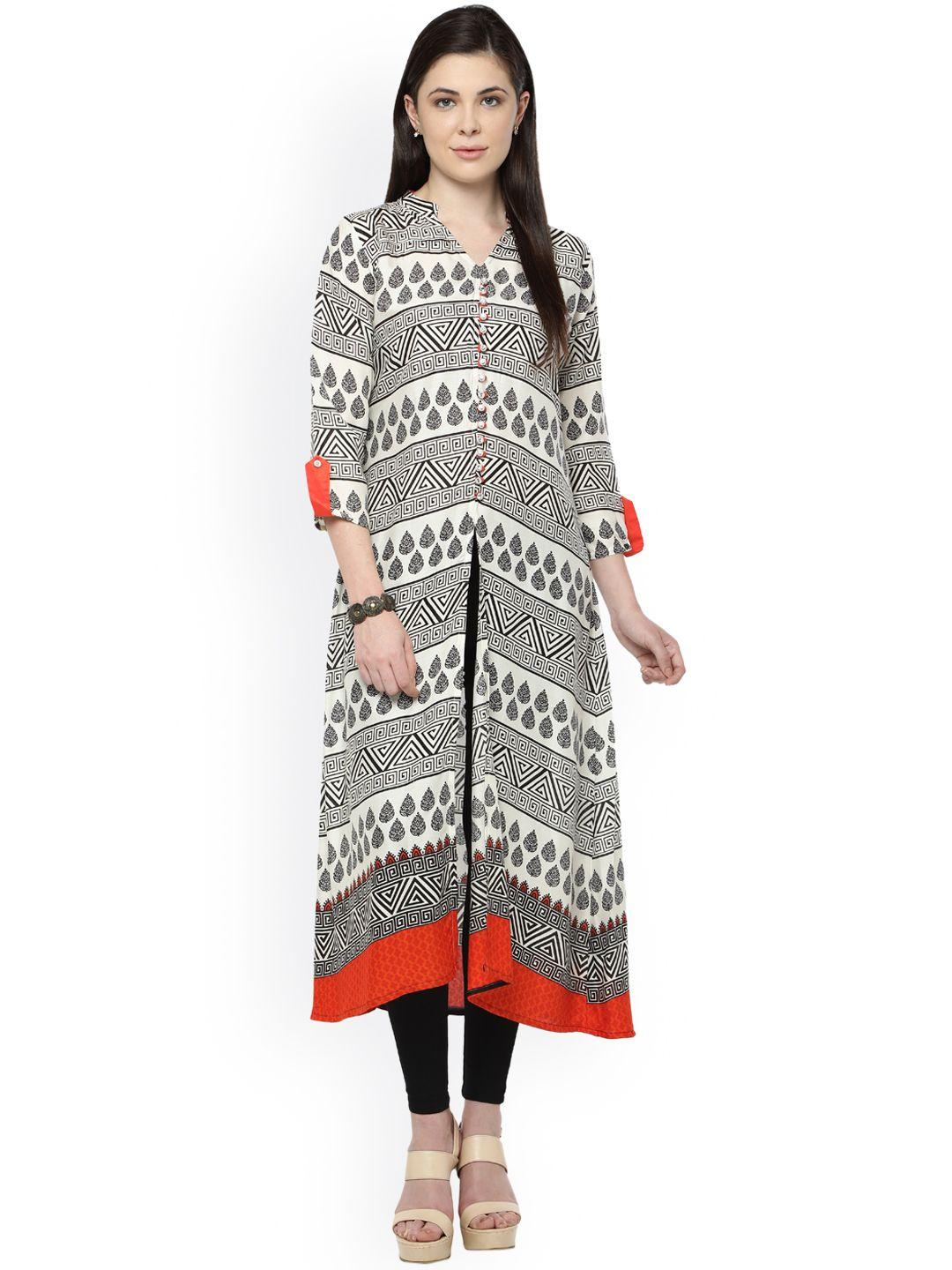 shiloh women white & black printed a-line kurta