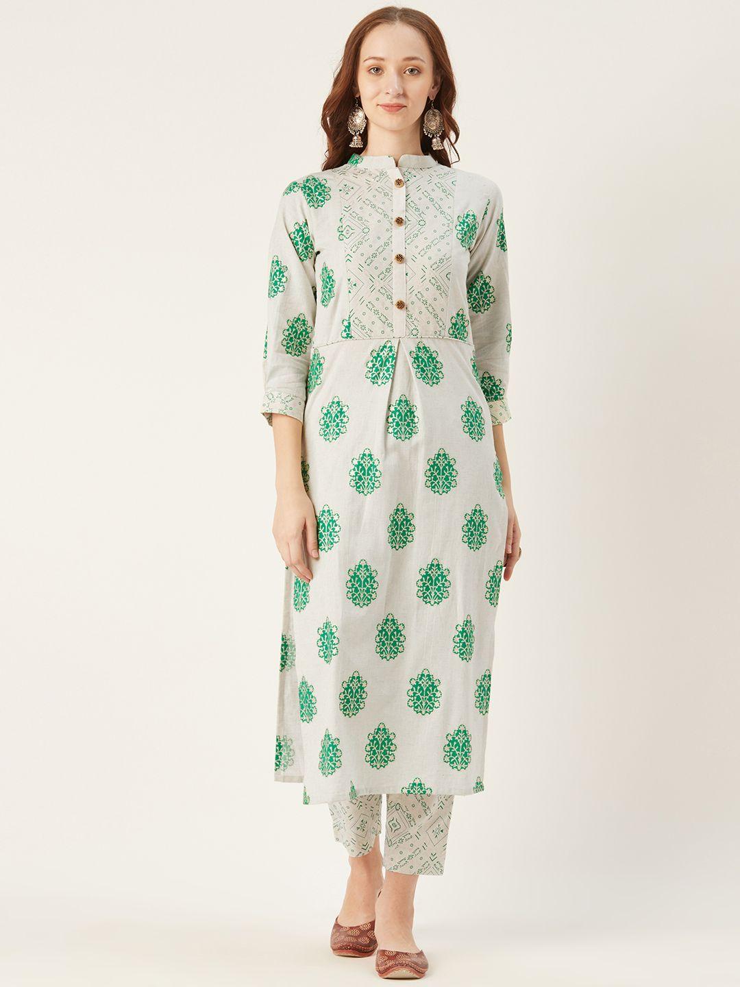 shiloh women white & green printed kurta with trousers