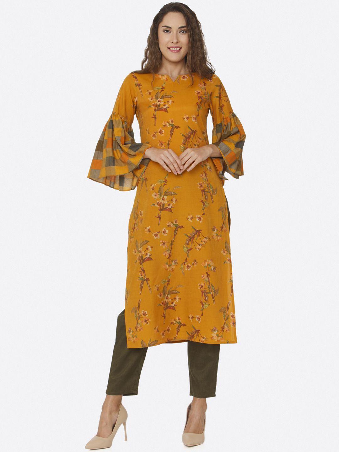 shiloh women yellow & olive green printed kurta with trousers