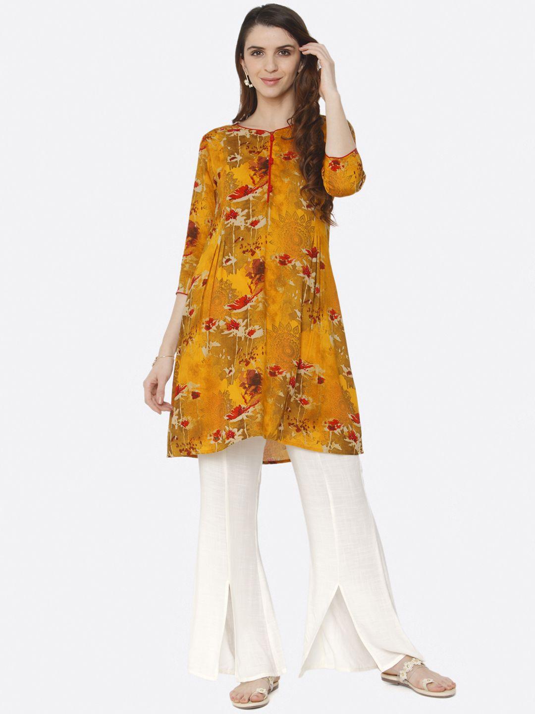 shiloh women yellow & white printed kurta with palazzos