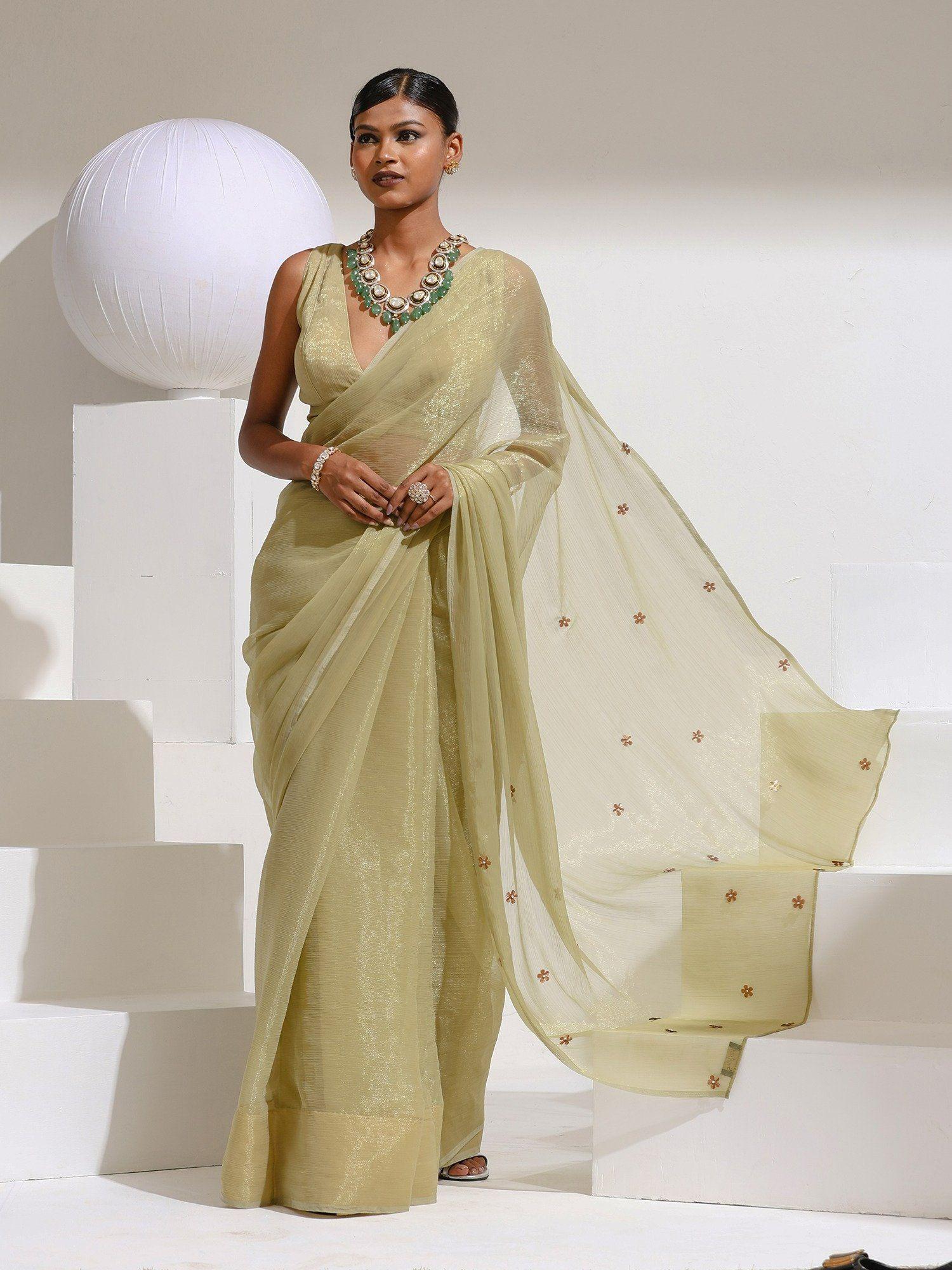 shimmer chiffon bronze flower saree & hand stitched on pallu with unstitched blouse