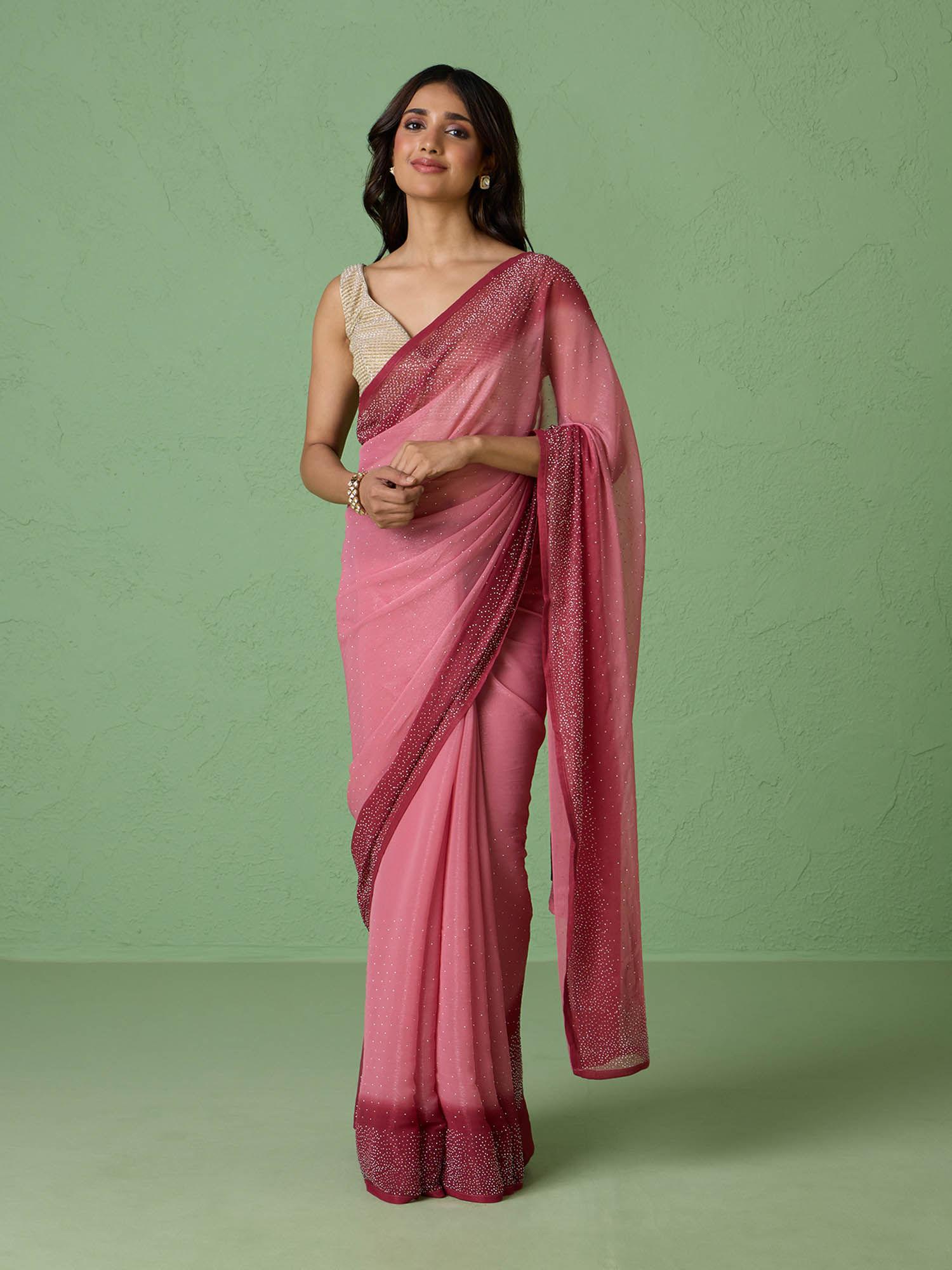 shimmer chiffon embellished onion pink saree with unstitched blouse likparsar13