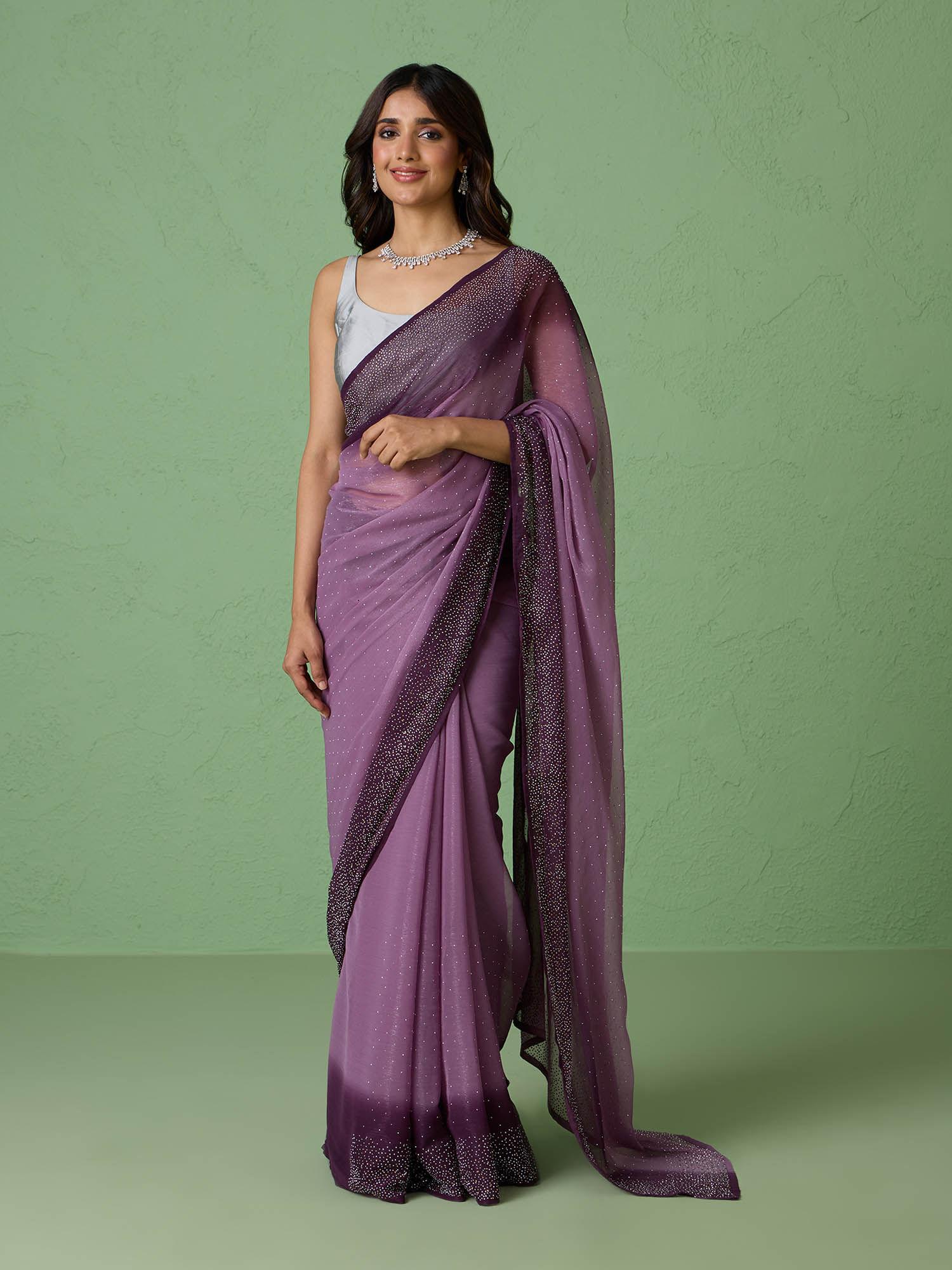 shimmer chiffon embellished purple saree with unstitched blouse likparsar13