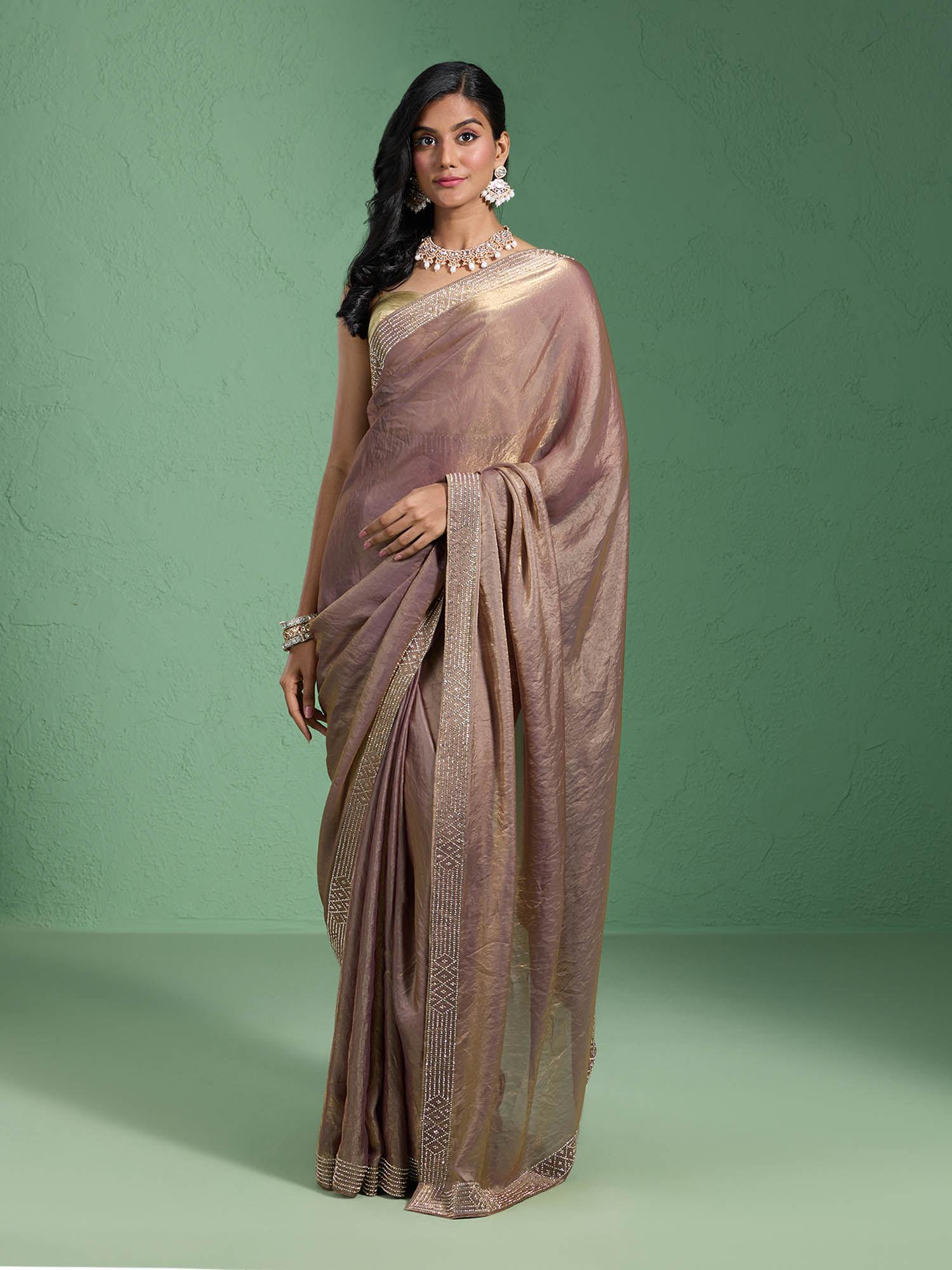 shimmer organza embellished gold and purple saree with unstitched blouse likparsar15