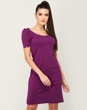 shimmer sheath dress with puff sleeves