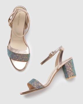 shimmery chunky heeled sandals with ankle strap