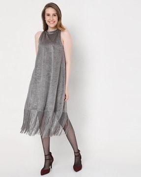 shimmery high-neck shift dress