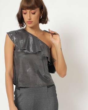 shimmery one-shoulder top with ruffle
