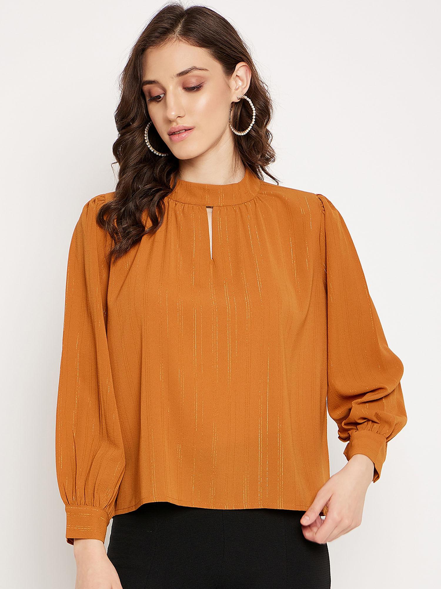 shimmery rust orange keyhole neck top