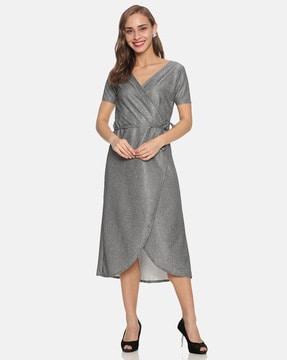 shimmery v-neck a-line dress with tie-up