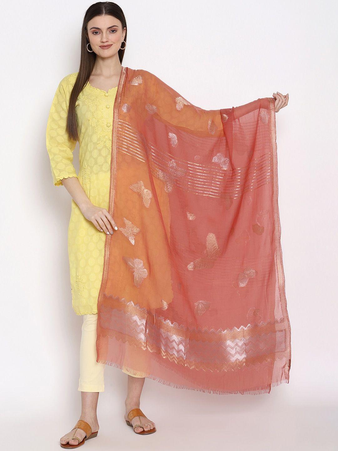 shingora pink & silver-toned woven design dupatta