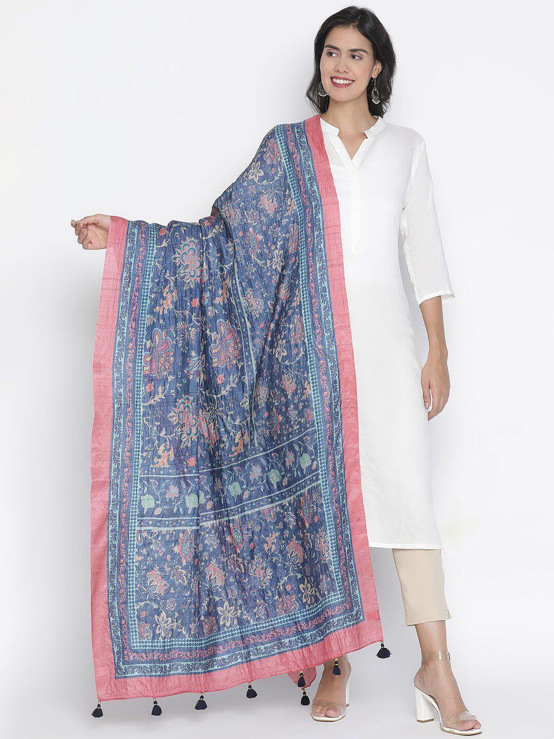 shingora blue & pink printed pure silk dupatta