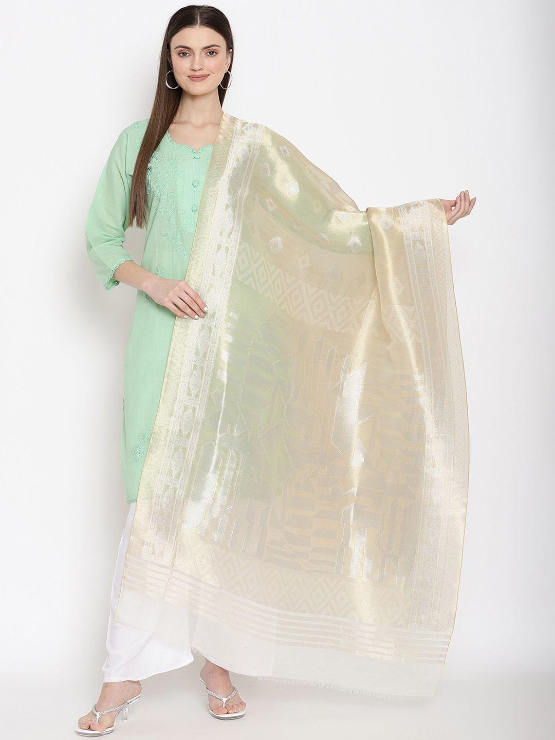 shingora cream-coloured & silver-toned woven design antiviral coated dupatta